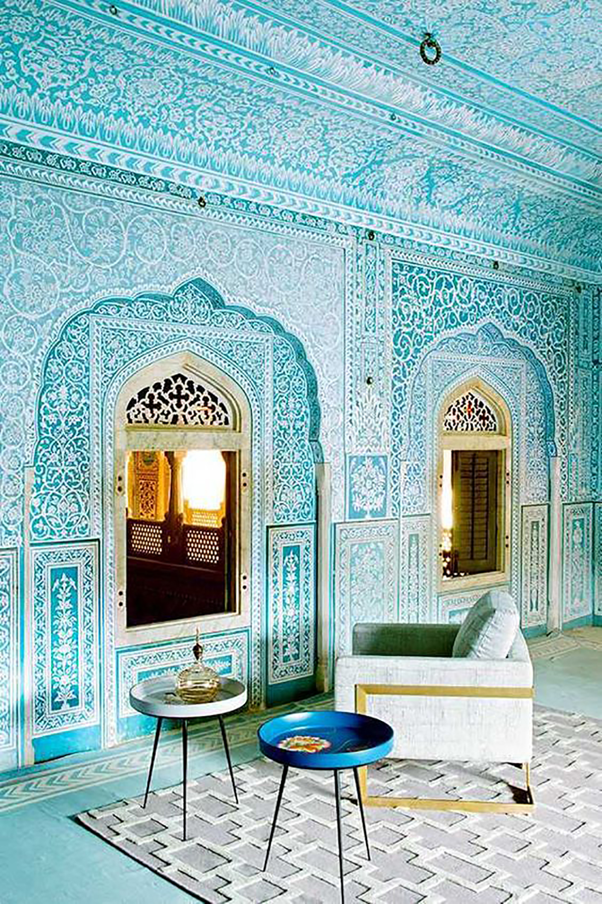 Samode Palace in Jaipur, India India is truly exploding with color, and no architecture captures it quite like the ornate Samode Palace in Jaipur, which also happens to be a hotel. Win win.