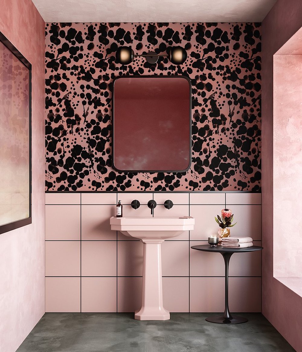 powder room with wallpaper