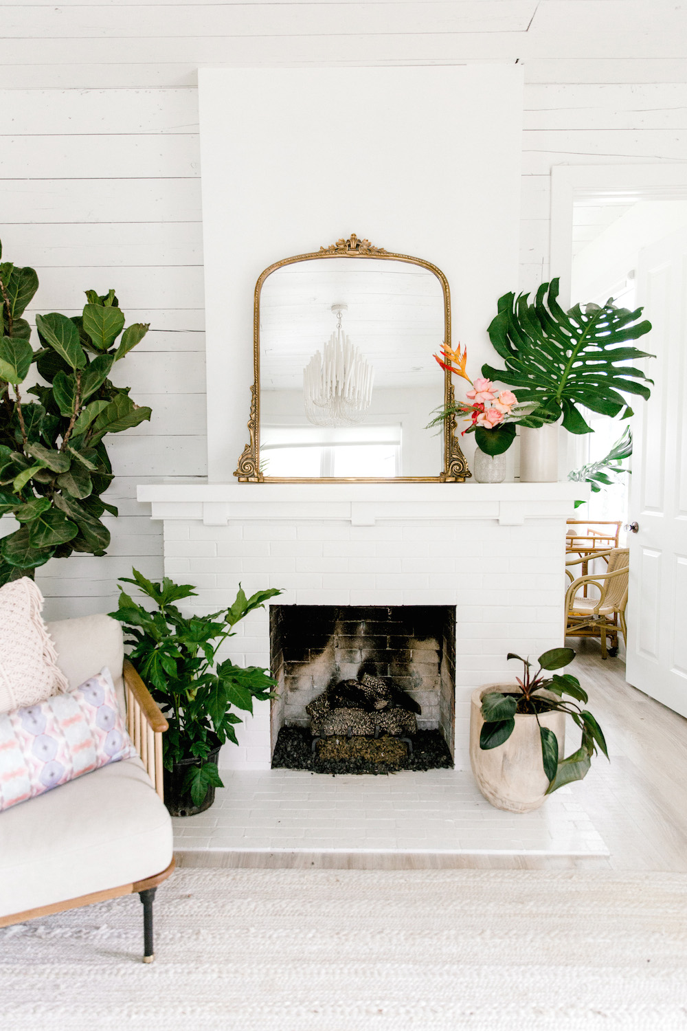 fireplace, florals, greenery