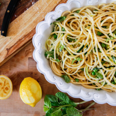 Lemony Bucatini Carbonara with Zucchini & Peas