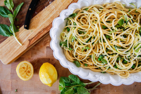 Lemony Bucatini Carbonara with Zucchini & Peas