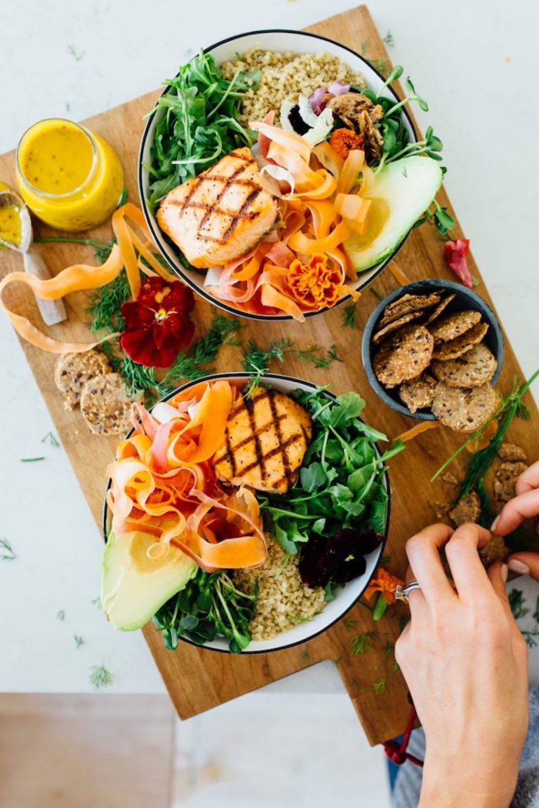 healthy salmon grain bowl, healthy lunch recipe