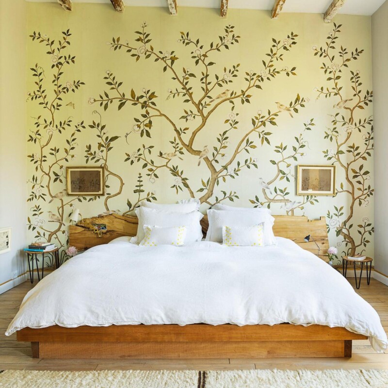 miranda brooks brooklyn home bedroom floral tree wall mural platform bed