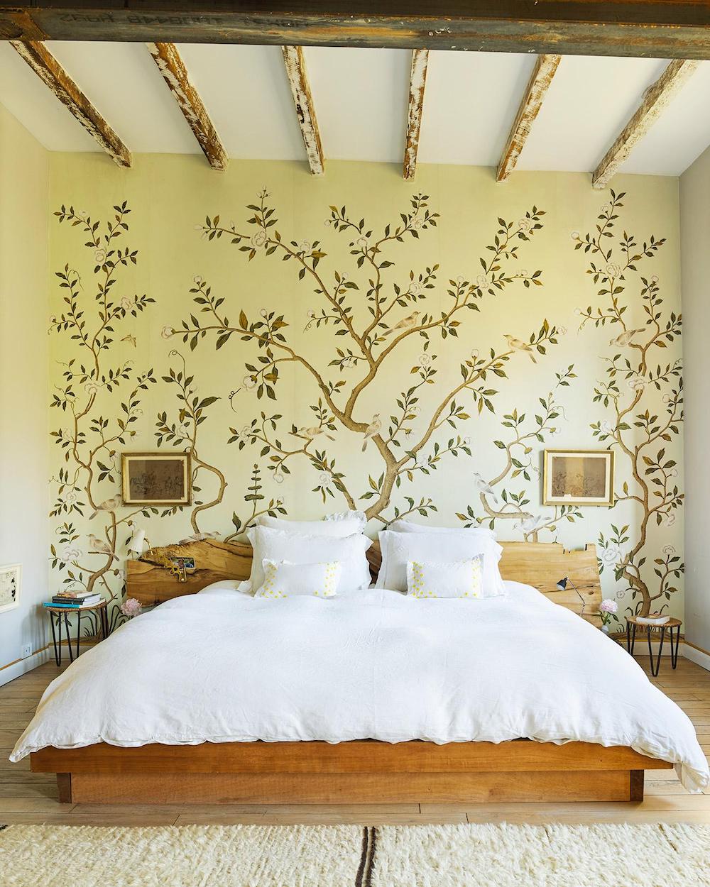 master bedroom with custom wallpaper