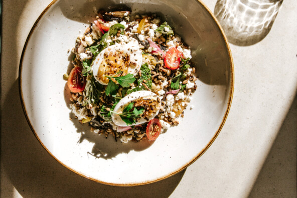 veggie grain bowl with garlic pesto