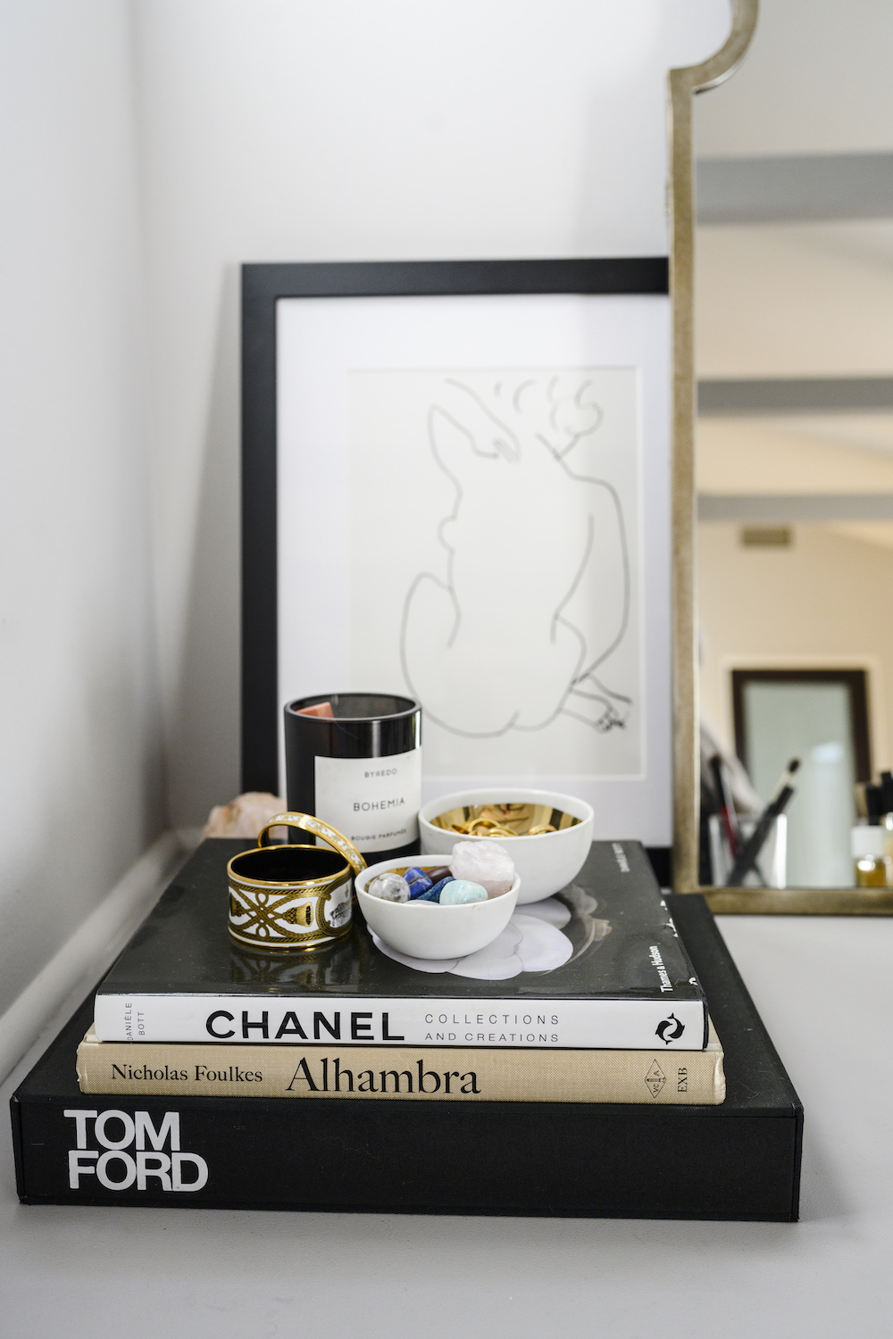 coffee table books, bedroom, chanel, candle