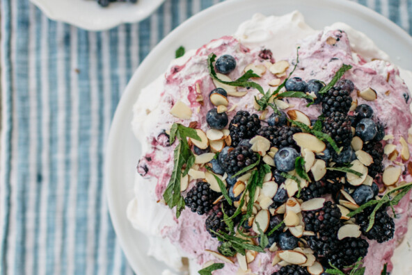almond and blackberry cream pavlova