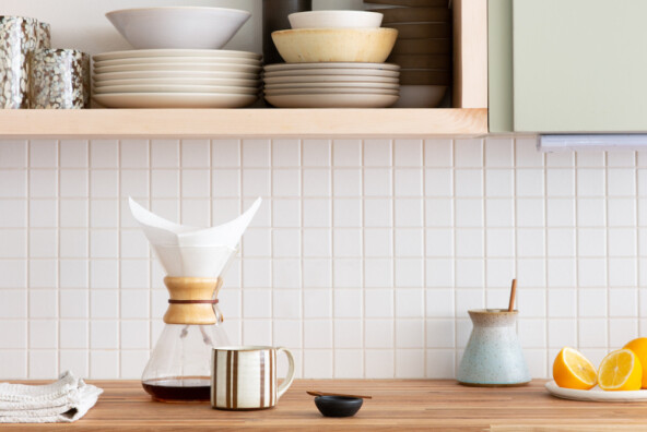 sage green simple and small minimalist and modern kitchen design with butcher block countertops