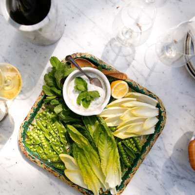 mint tzatziki with spring green crudite