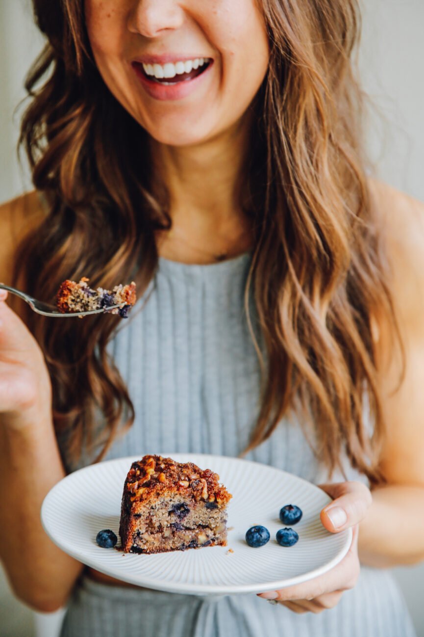 eating blueberry almond coffee cake