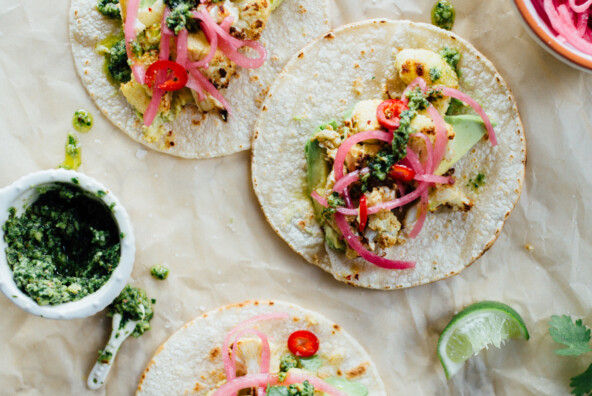 roasted cauliflower tacos with cilantro pesto