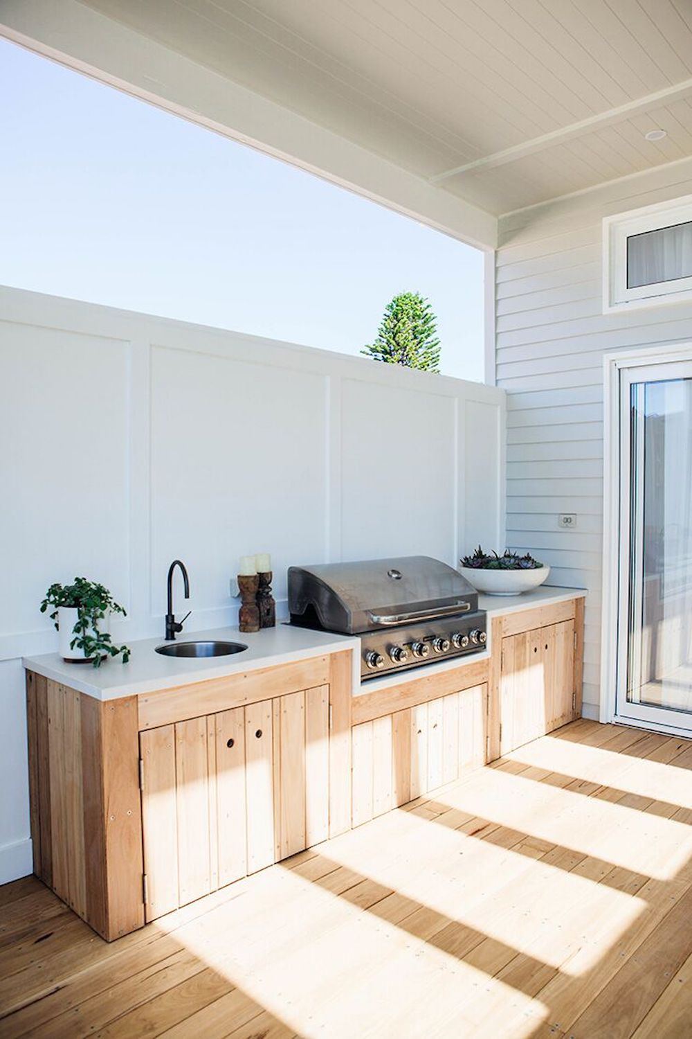 modern wooden outdoor kitchen