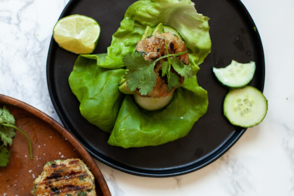 chicken burger lettuce wrap plated