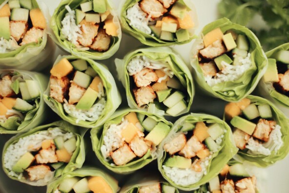 honey sriracha marinated tempeh rice noodle spring rolls with cucumber, mango, and avocado