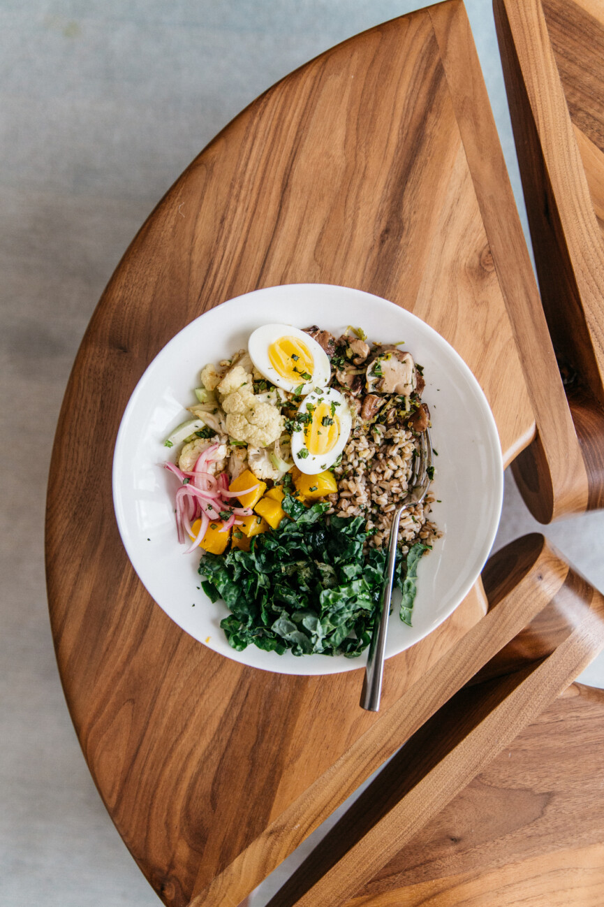 warm farro bowl with roasted cauliflower and kale