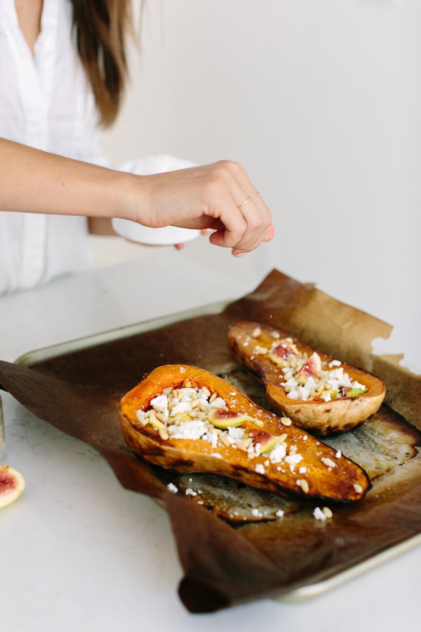 roasted butternut squash with goat cheese, figs, and pesto