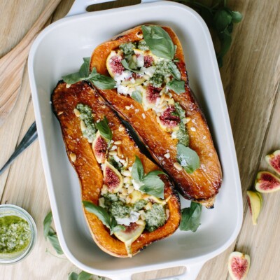 roasted butternut squash with goat cheese, figs, and pesto