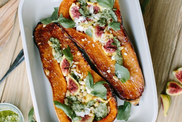 roasted butternut squash with goat cheese, figs, and pesto