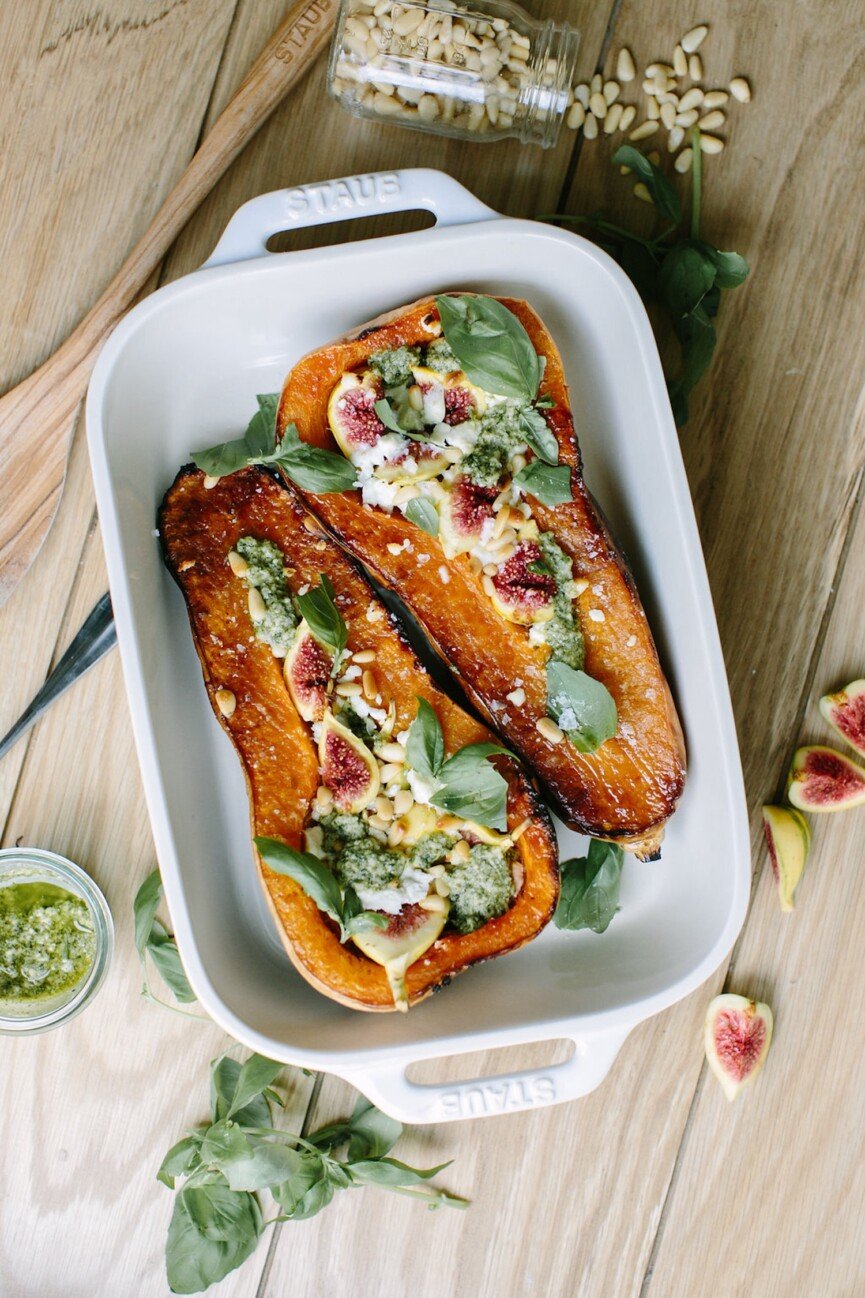 roasted butternut squash with goat cheese, figs, and pesto