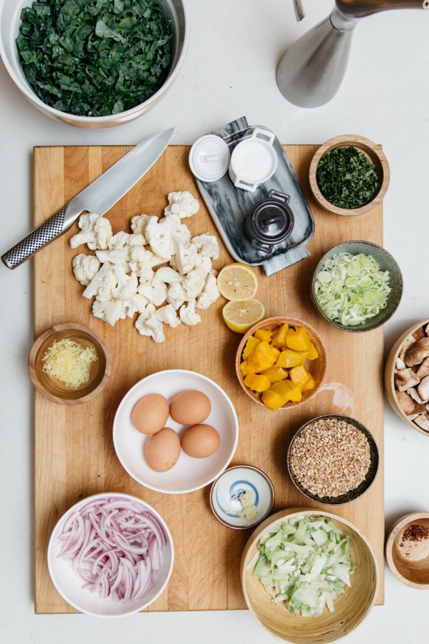 warm farro bowl with roasted cauliflower and kale ingredients