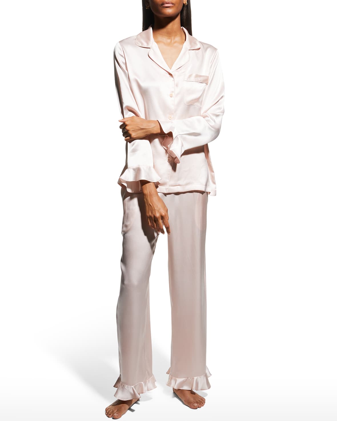 Neiman Marcus Ruffle-Cuff Silk Pajama Set