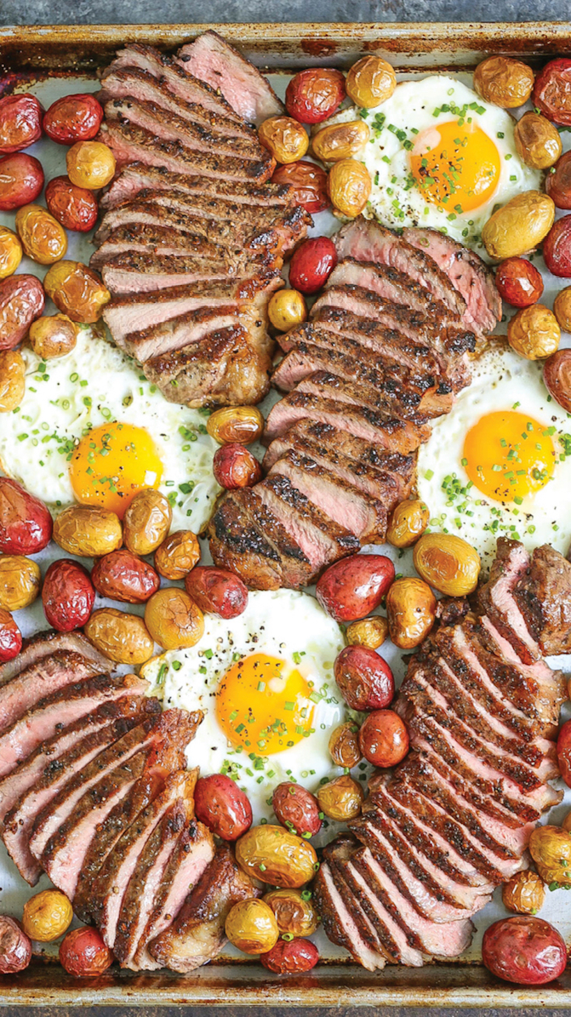 sheet pan steak, egg, and potatoes