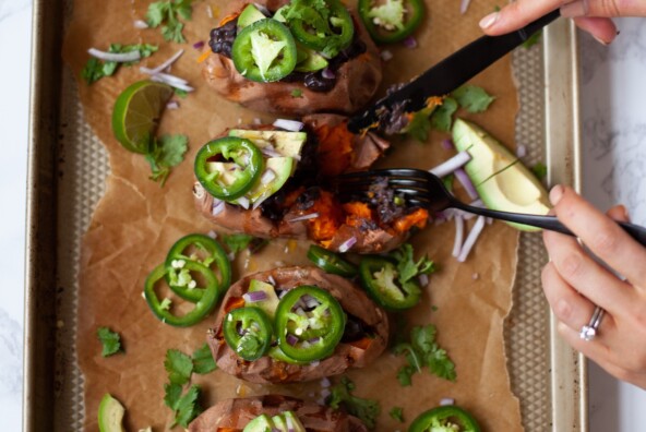serving spicy stuffed sweet potatoes