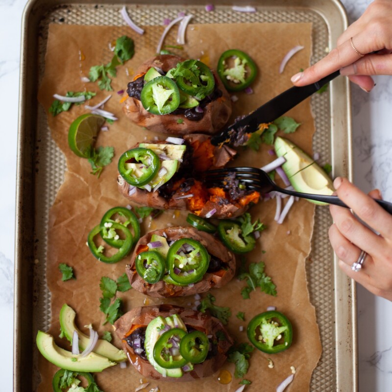 serving spicy stuffed sweet potatoes