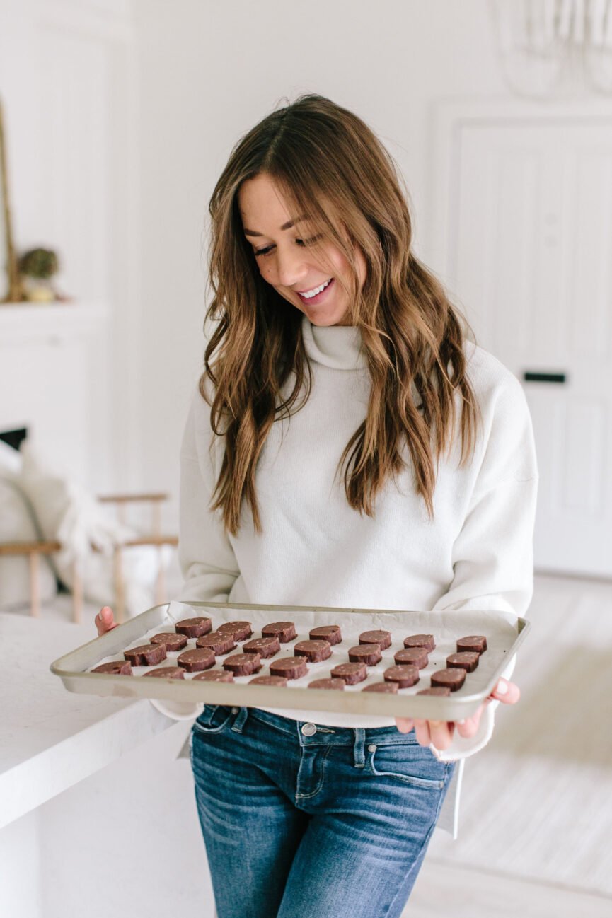 peppermint hot chocolate shortbread cookies on baking sheet