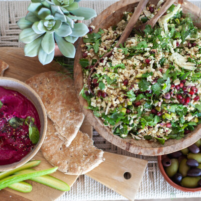 Cauliflower Tabbouleh with Pomegranates, Pistachios, and Fennel - A healthy and easy spin on the traditional mediterranean salad