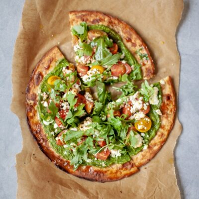 cauliflower crust pizza with pesto and goat cheese