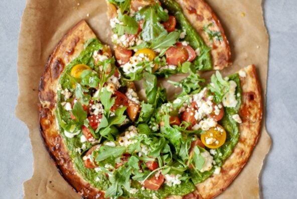 cauliflower crust pizza with pesto and goat cheese