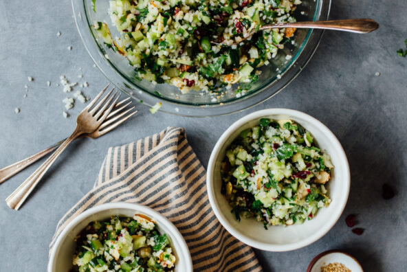 cauliflower tabbouleh in serving bowls
