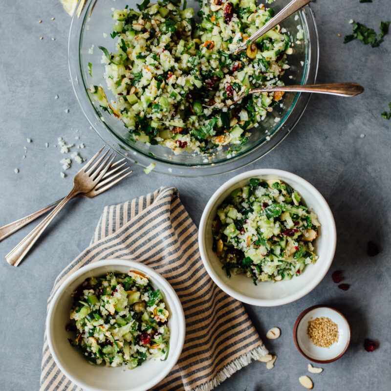 cauliflower tabbouleh in serving bowls