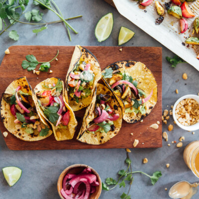 Spicy Peanut Brussels Sprouts Tacos are a vegetarian dinner recipe with fresh asian flavors