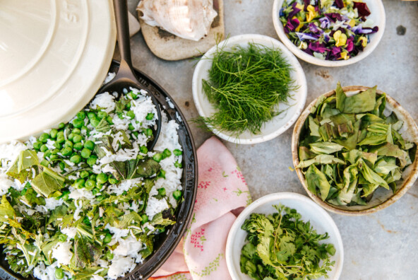 rice with veggies and edible flowers at the home of shelley klein armistead, COO of Gjelina group