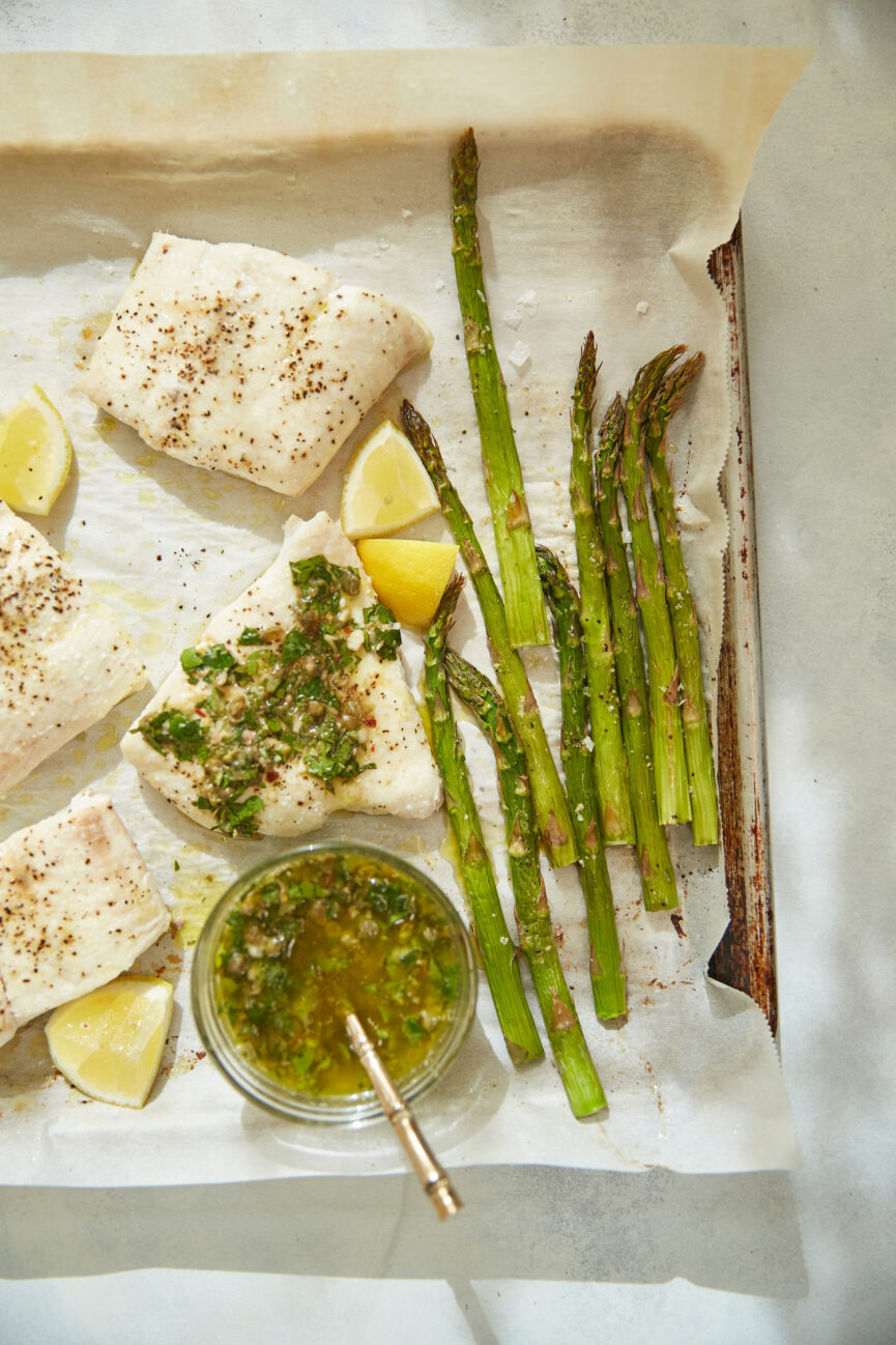 sheet pan halibut with italian salsa verde and asparagus