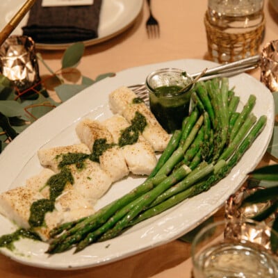 sheet pan halibut on serving platter