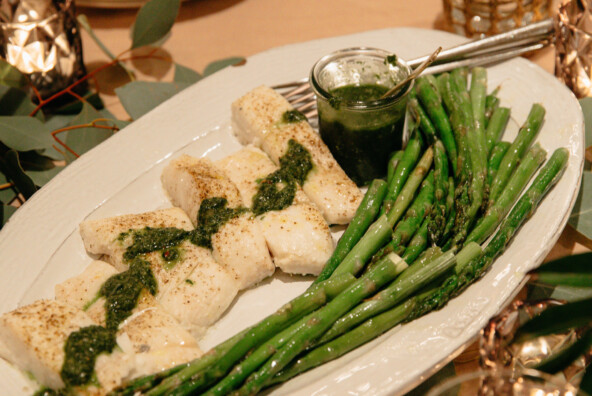 sheet pan halibut on serving platter