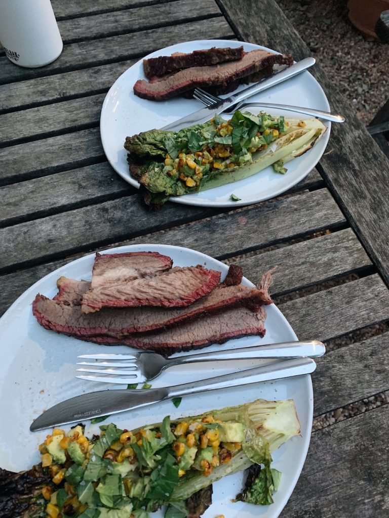 home cooking grill smoker brisket salad romaine lettuce corn avocado dinner recipe