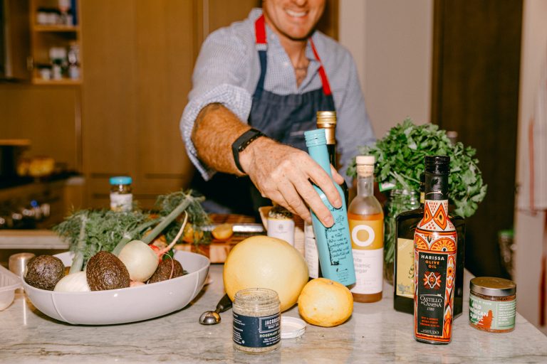 olive oil, vinegar, and other ingredients in chef Seamus Mullen's kitchen