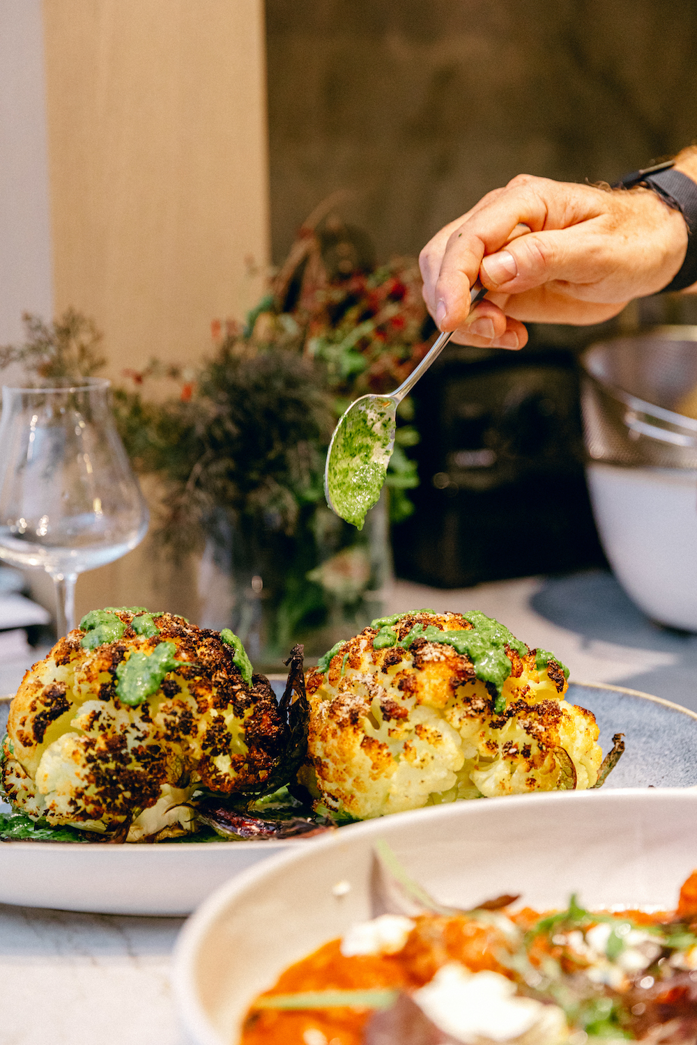 oven-roasted cauliflower head recipe for a vegetarian one-dish dinner