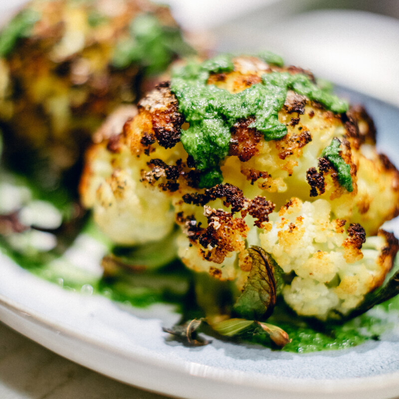 oven-roasted cauliflower head recipe for a vegetarian one-dish dinner