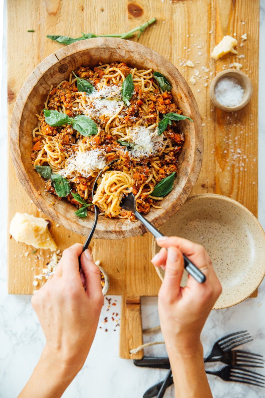 serving vegetarian bolognese
