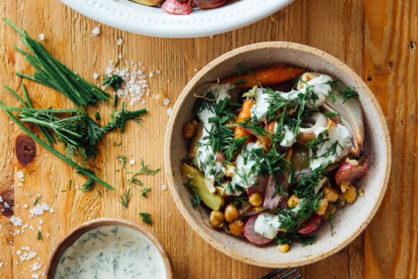sheet pan veggie bowl assembled