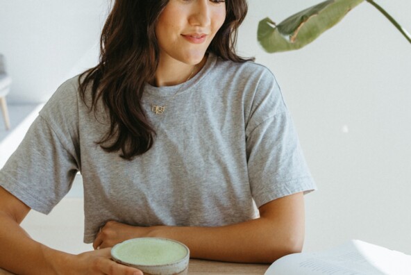 Woman drinking matcha