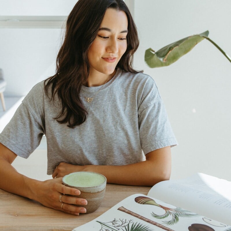Woman drinking matcha