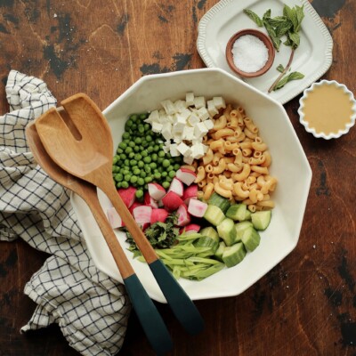 easy summer pasta salad with a miso tahini dressing