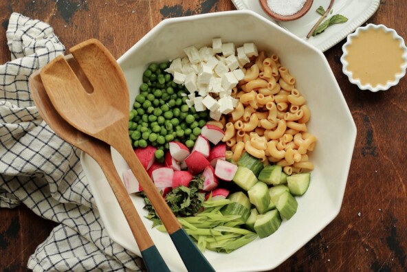 easy summer pasta salad with a miso tahini dressing