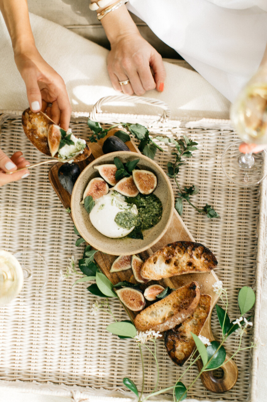 burrata, fig, and pesto appetizer